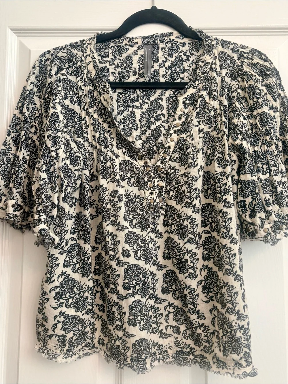 Anthropologie Black Floral Puff Sleeve Blouse on Cream